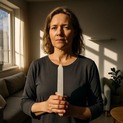 Eine Person h&auml;lt Selenit in den H&auml;nden und richtet den Blick ruhig in den Raum, der hell und aufger&auml;umt wirkt.