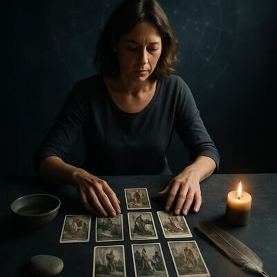 Eine Person legt Karten aus; farbige Elemente-Symbole und ein dezenter Sternenhimmel im Hintergrund.