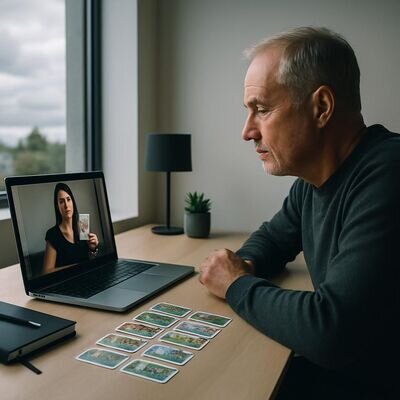 Zwei Personen in einem Video-Call: eine ber&auml;t, die andere schaut auf den Bildschirm; Karten liegen sichtbar auf dem Tisch.