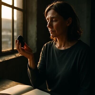Eine Person h&auml;lt einen Obsidian in der Hand und reflektiert ruhig in einem klaren, modernen Setting.