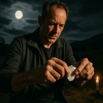 Eine Person zerrei&szlig;t einen Zettel als Loslass-Geste, Kerzenlicht betont die H&auml;nde.