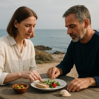 Zwei Personen sitzen zusammen, essen langsam und aufmerksam und sind pr&auml;sent im Moment.