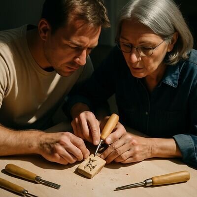 Zwei Personen arbeiten gemeinsam an einem kleinen Holzanh&auml;nger mit Krafttier-Motiv.