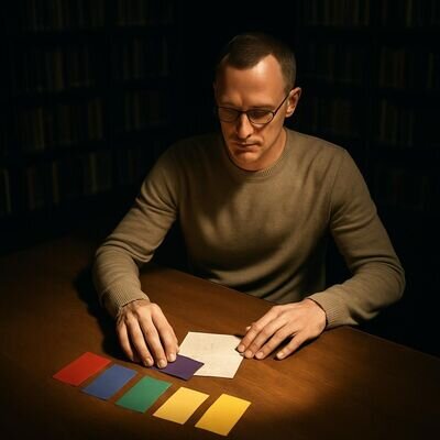 Eine Person ordnet Farbkarten und Erinnerungsnotizen auf einem Tisch; Symbol f&uuml;r strukturierte Traumdeutung ohne &Uuml;berforderung.