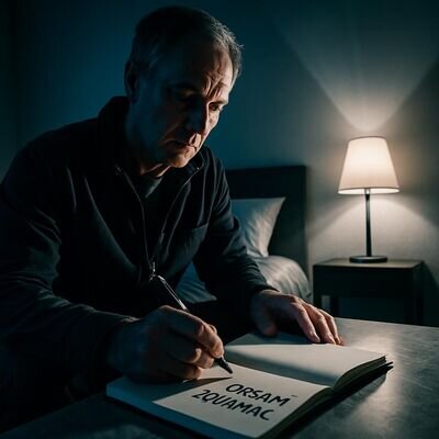 Eine Person bereitet am Abend ihr Traumjournal vor, Stift und Notizbuch liegen griffbereit am Bett.