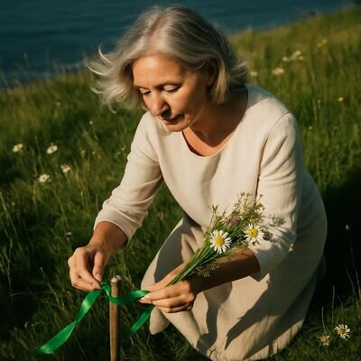 Eine Person gestaltet ein schlichtes Fr&uuml;hlingsritual mit Band und Bl&uuml;ten als Zeichen f&uuml;r Neubeginn.