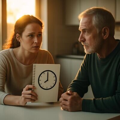 Zwei Menschen im Gespraech am Tisch, ruhige Atmosphaere als Symbol fuer Reflexion und Orientierung nach belastenden Traeumen.