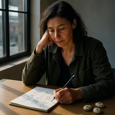 Eine Person reflektiert in ruhiger Umgebung &uuml;ber St&auml;rken und F&auml;higkeiten, mit Notizbuch und Zahlen-Symbolik.