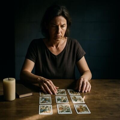 Eine Person legt neun Karten in einem klaren 3x3-Raster aus und betrachtet die Mitte konzentriert.