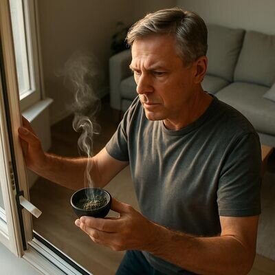 Eine Person r&auml;uchert sehr sparsam, mit sicherer Schale und ge&ouml;ffnetem Fenster, als Symbol f&uuml;r verantwortungsvolle Reinigung.
