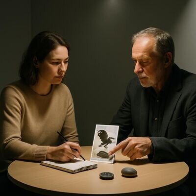 Zwei Personen sprechen an einem Tisch, zwischen ihnen liegen Tierkarten und ein Skizzenblock.