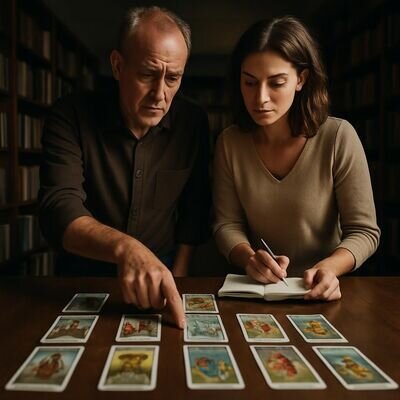 Zwei Menschen diskutieren eine Tarotkarte und zeigen auf die Zahlenfolge als Entwicklungsstufe.