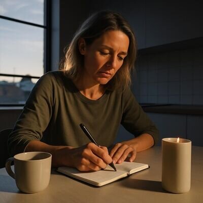 Eine Person schreibt morgens in ein Journal und startet ruhig in den Tag.
