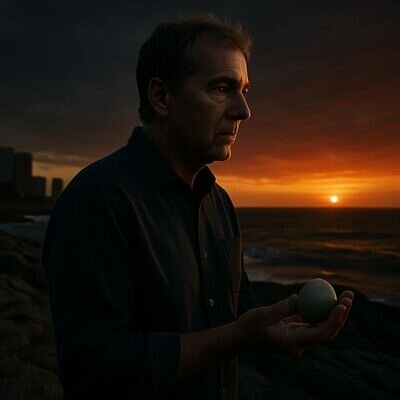 Ein Mann schaut am Abend aufs Meer, ein ruhiger Moment fuer Intuition und innere Entwicklung.