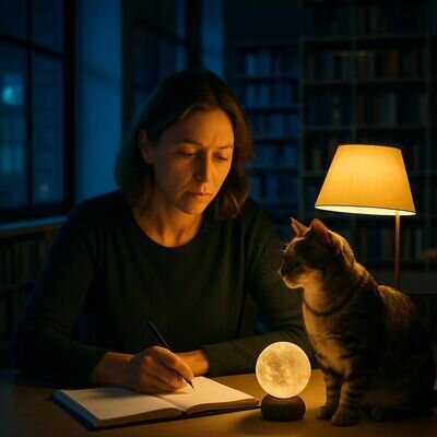 Eine Person in einem klaren Innenraum, beobachtet von einer Katze &ndash; Symbol f&uuml;r Intuition, Autonomie und feine Grenzen.