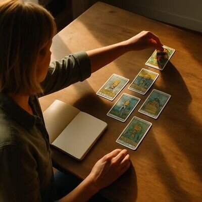 H&auml;nde skizzieren ein eigenes Tarot-Layout auf Papier, daneben liegen Karten und ein Notizbuch in warmem Licht.