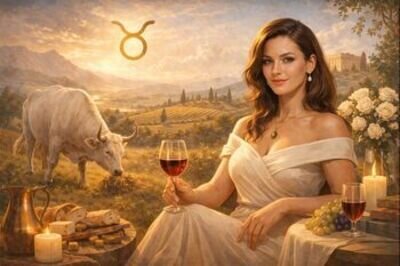 Querformat im warmen Golden-Hour-Look: Eine elegante Frau in wei&szlig;em Off-Shoulder-Kleid sitzt an einem Tisch und schreibt in ein Notizbuch. Daneben stehen ein Glas Rotwein, Kerze und helle Rosen. Links im Bild ein wei&szlig;er Stier auf einer idyllischen Wiese; im Hintergrund sanfte H&uuml;gel und Felder im Abendlicht &ndash; ruhige, erdige Stimmung