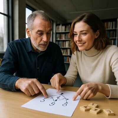 Zwei Menschen diskutieren berufliche Wege anhand einer Skizze mit Zahlen und Pfeilen.