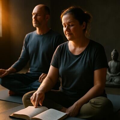 Zwei Menschen tauschen sich ruhig &uuml;ber Notizen nach einer Meditation aus.