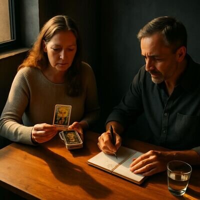 Zwei Personen am Tisch, Karten und Notizbuch als ruhige Vorbereitung auf eine Kartenlegen-Sitzung.