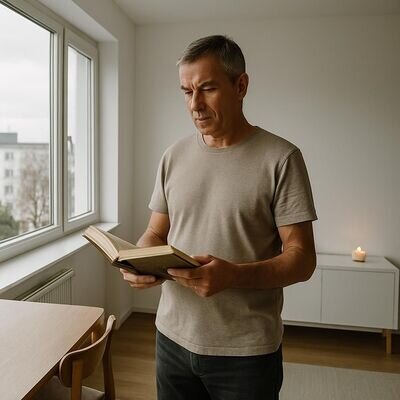 Eine Person liest ruhig in einem hellen Innenraum und wirkt geerdet, als Sinnbild fuer sanften Einstieg in Spiritualitaet.