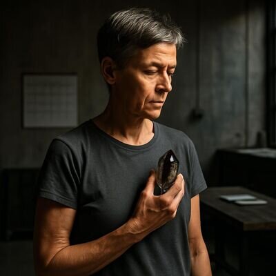 Eine Person h&auml;lt einen Heilstein in der Hand und atmet bewusst am Arbeitsplatz.