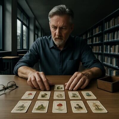 Eine Person legt Lenormand-Karten aus und deutet Kombinationen in einer ruhigen, strukturierten Atmosph&auml;re.