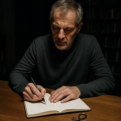 Ein Mann schreibt Notizen und nutzt ein Ankh als Fokus f&uuml;r Reflexionsfragen.