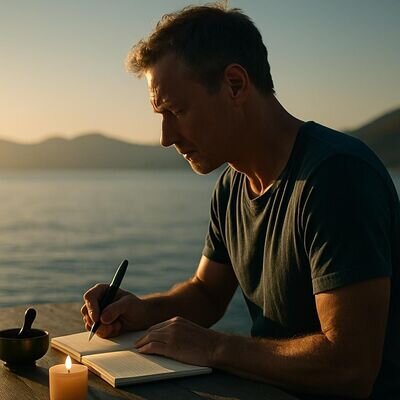 Ein Mann schreibt nach einer Meditation ruhig in ein Notizbuch, warmes Licht im modernen Raum.