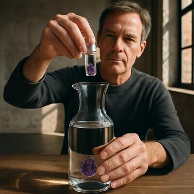 Ein Mann zeigt die indirekte Methode: Stein im separaten Glas im Krug, ohne Kontakt zum Trinkwasser.
