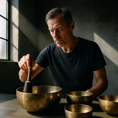 Ein Mann pr&uuml;ft Klang und Ausklang einer Schale in einem hellen Studio-Laden, konzentriert und neugierig.