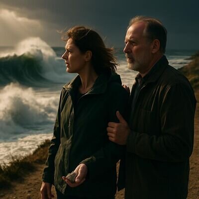 Zwei Menschen stehen an einer ruhigen K&uuml;ste und blicken auf m&auml;chtige Wellen in der Ferne.