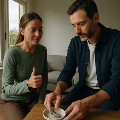 Zwei Personen stimmen sich ab, waehrend eine Raeucherschale sicher auf dem Tisch steht, Fenster ist geoeffnet.