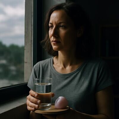 Eine Person trinkt ein Glas frisch angesetztes Kristallwasser in ruhiger Atmosph&auml;re, als Achtsamkeitsroutine.