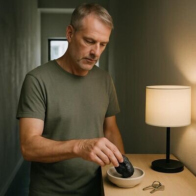 Eine Person legt einen dunklen Schutzstein in eine Schale neben Schl&uuml;ssel im Flur.