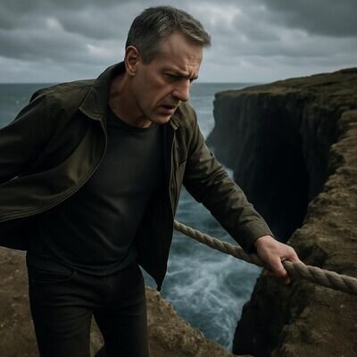 Eine Person steht an einer Klippe und ringt sichtbar mit Angst und Mut &ndash; Sinnbild f&uuml;r Entscheidungen.