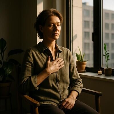 Eine erwachsene Person sitzt morgens am Fenster und atmet bewusst, warmes Licht und ruhige Stimmung.