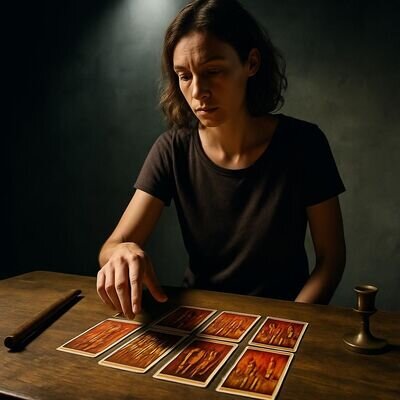 Eine Person betrachtet Tarotkarten mit warmen Rot- und Goldt&ouml;nen als Symbol f&uuml;r St&auml;be/Feuer und Aufbruch.