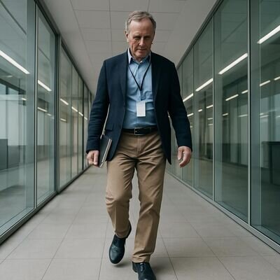 Eine Person geht bewusst durch einen Buero-Flur und nimmt den Kontakt der Fue&szlig;e mit dem Boden wahr.