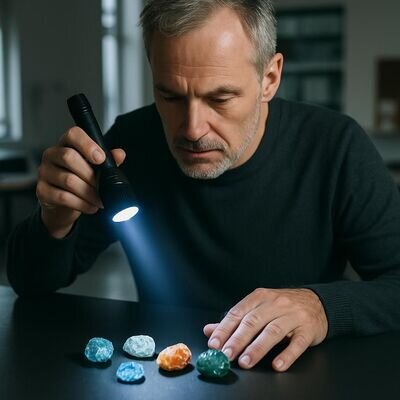 Eine Person untersucht Heilsteine in einem neutralen Innenraum mit einer UV-Lampe.