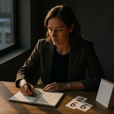 Eine Person reflektiert berufliche Optionen mit Notizbuch und Zahlen-Skizzen in warmer Atmosph&auml;re.