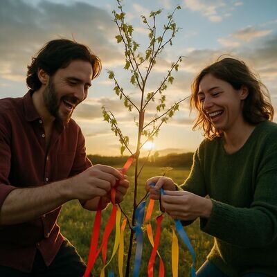 Zwei Menschen gestalten ein schlichtes Beltane-Ritual im Gr&uuml;nen mit B&auml;ndern und Fr&uuml;hlingszweigen.