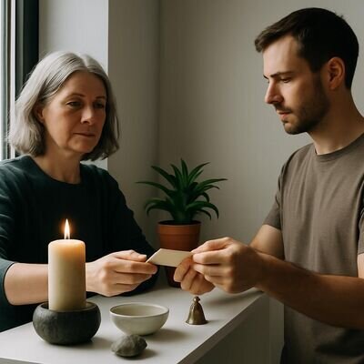 Zwei Erwachsene gestalten einen schlichten Regalaltar in einer modernen Wohnung mit Kerze, Pflanze und Symbolkarte.