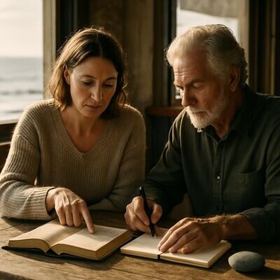 Zwei Menschen im Gespraech mit Buch und Notizen, als Symbol fuer reflektierte Vertiefung statt reiner Theorie.
