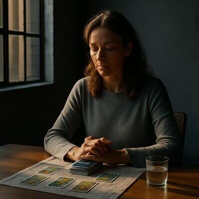 Eine Person richtet in warmem Licht einen klaren, ruhigen Tarot-Platz ein.