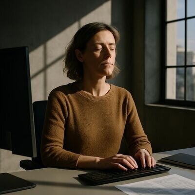 Eine Person im Buero nimmt unauffaellig einen Moment fuer einen bewussten Atemzug, waehrend der Arbeitsplatz im Hintergrund sichtbar bleibt.