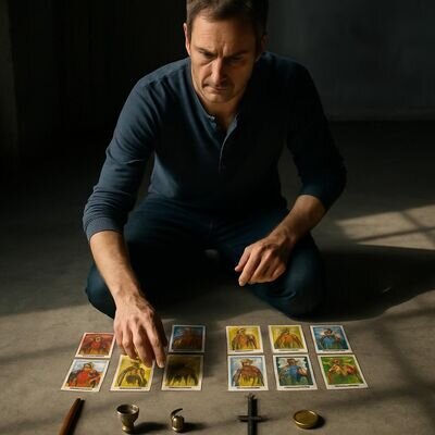 Eine Person ordnet Hofkarten nach Farben und entwickelt konkrete Deutungen im Alltag.