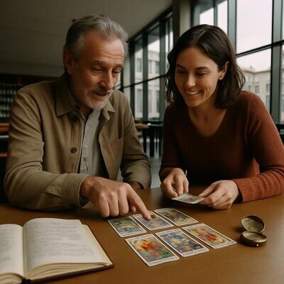 Zwei Menschen diskutieren freundlich &uuml;ber Tarotkarten mit Fokus auf Zahlen und Bedeutungen.