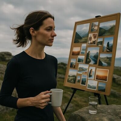 Eine Person betrachtet ihr Vision Board kurz und bewusst als Teil einer t&auml;glichen Routine.