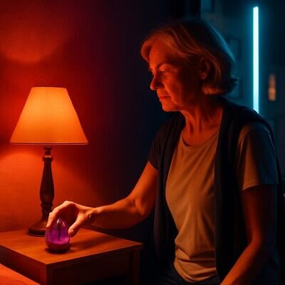 Eine Person legt den Amethyst bewusst am Nachttisch ab &ndash; Abschlussritual f&uuml;r innere Ruhe und Sortierung.